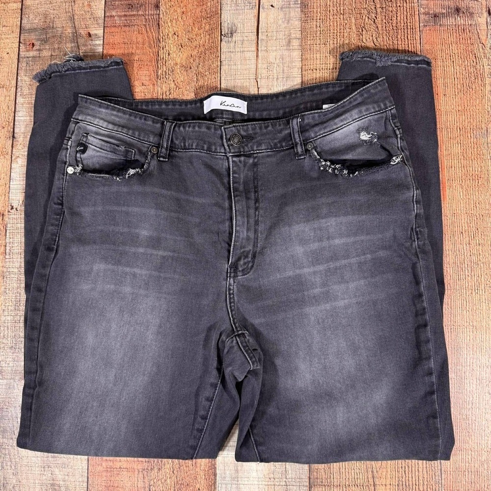 Kancan Black Distressed Skinny Jeans Women's 1XL High Rise Raw Hem Stretch Denim
